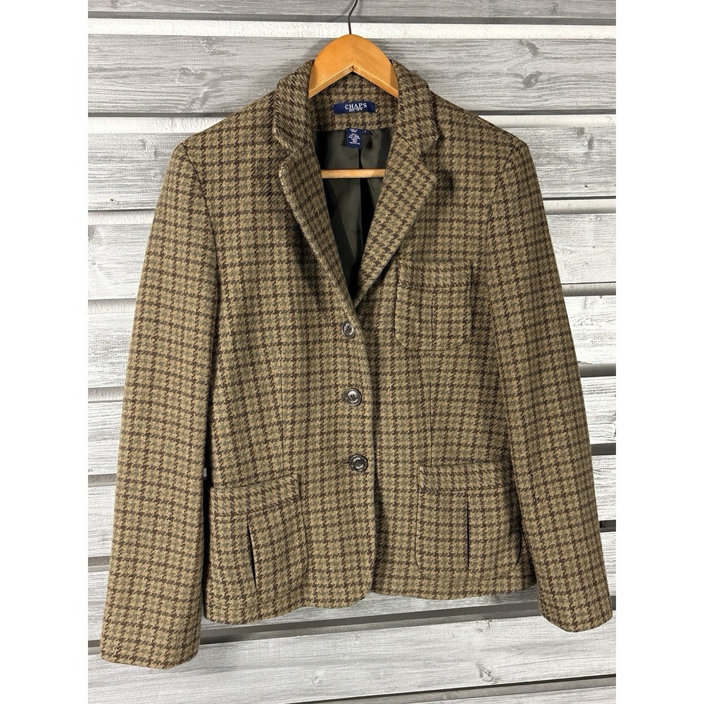 Vtg Ralph Lauren Chaps Equestrian Blazer Womens 6 Brown Wool Tweed Houndstooth
